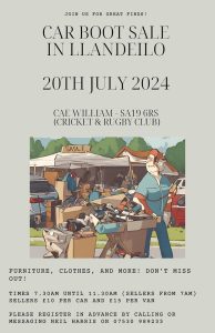car boot sale at Cae William on Saturday 20th July