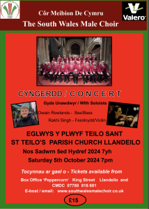 LLANDEILO CONCERT – ST TEILO’S CHURCH
7PM, SATURDAY 5TH OCTOBER, 2024